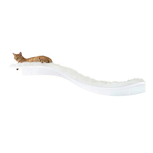 The Refined Feline Lotus Branch Cat Shelf, Sturdy Wave Design Cat Wall Perch, Wooden Comfortable Berber Carpet Faux Fur Cats Bed