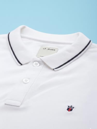 Image of Louis Philippe Men's Slim Fit Single-Tuck Pique Stylized Sleeve Print and Contrast Tipping Half Sleeve Solid Polo Tshirt