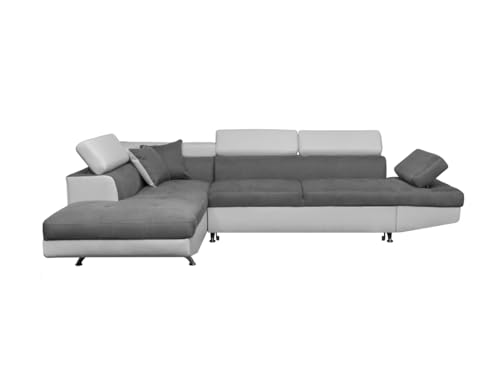 LOUNGITUDE - RIO - Canapé d'angle Droit- Convertible - 5 Places - Coffre - Têtières - Simili/Microfibre - Gris/Blanc - L271cm