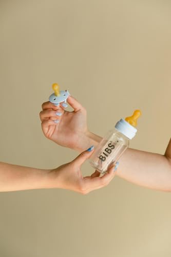 Image of BIBS Baby Glass Bottle. 4 US fl oz / 120 ml. Anti-Colic. Vented Round Natural Rubber Latex Nipple. Supports Natural Breastfeeding, Slow Flow, Complete Set - Baby Blue