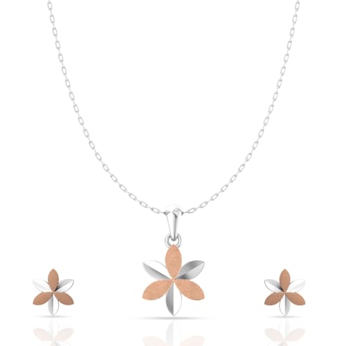 Image of 925 Sterling Silver Rose Gold Plated Pendant Set for Women | Heart & Floral Design Necklace with Matching Earrings | Elegant Jewellery Gift for Girls, Wife, Girlfriend