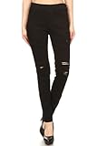 Women's Stretch Pull-On Skinny Ripped Distressed Denim Jeggings (Large, Black)