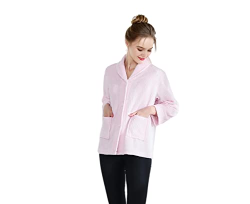 Loungees Women's Drop Needle Coral Fleece Shawl Collar Button Front Bed Jacket - 1X Pink