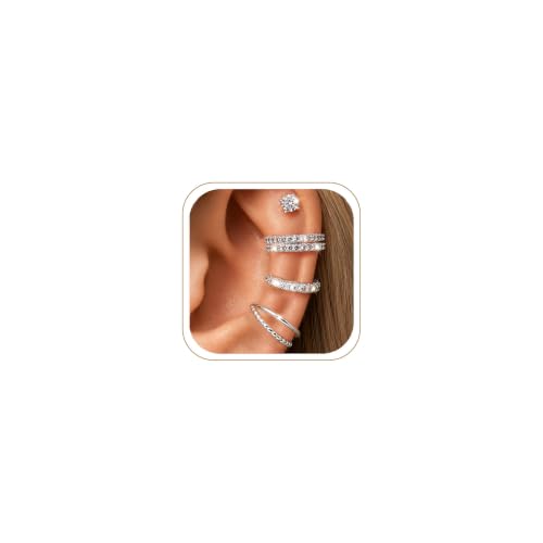 GIFTPARTY 4PCS Silver Plated Ear Cuffs, Non Piercing Ears Clip On Earrings Set with Cubic Zirconia, Cartilage Ear Accessories for Women Daily Party Holiday Gifts(SILVER)