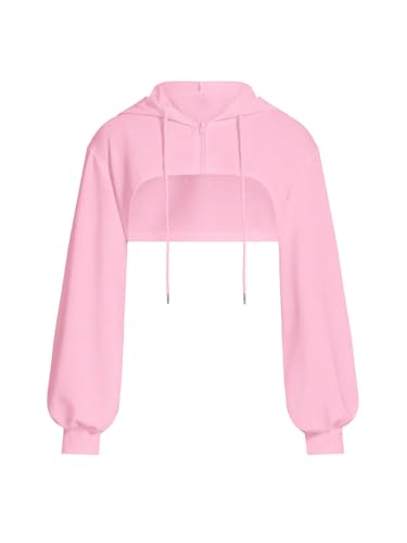 WDIRARA Women's Zip Up Hoodie Drawstring Long Sleeve Hooded Sweatshirt Crop Top Pink X-Small