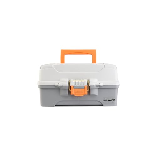 Image of Plano One-Tray Tackle Box, Light Grey /Dark Grey, Rust-Proof Brass Latch, Top-Access Tray with Deep Storage, Made in the USA, Portable Fishing Gear Storage Organizer