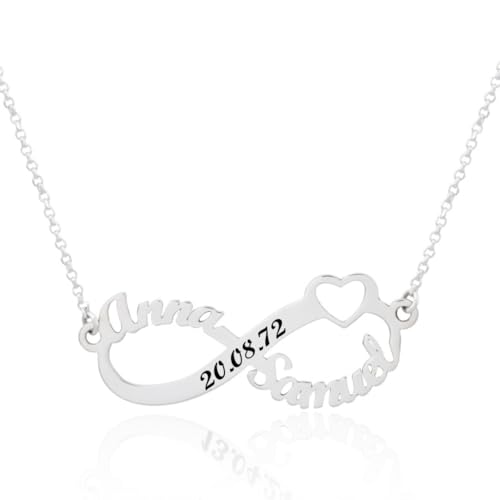 Collar Infinito Personalizado en Plata de Ley 925 con Corazón Fecha y Nombres con cadena Rolo de 40 cm + Alargador. Regalo de San Valentín, Día de los Enamorados. Hecho en España (Plata de Ley)