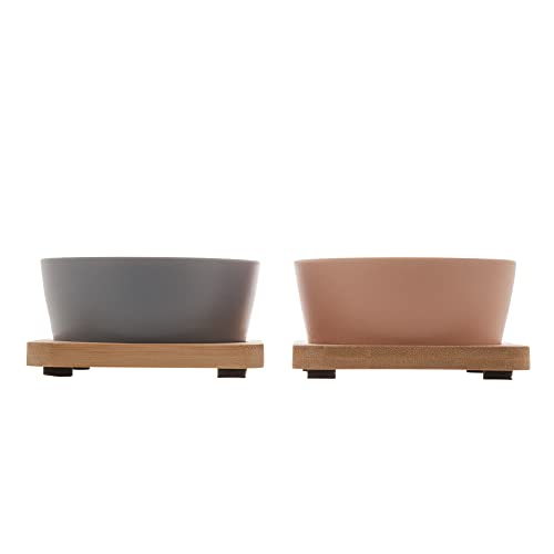 Conjunto de Petisqueira com 2 Bandejas de Bambu e 2 Potes de Cerâmica 10cm x 10cm - Lyor