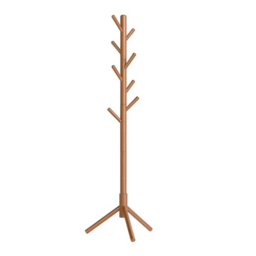 VASAGLE Solid Wood Coat Rack Free Standing Tree-Shaped Coat Rack with 8 Hooks 3 Height Options for Clothes Hats Bags Living Room Bedroom Home Office Caramel Brown URCR04WN