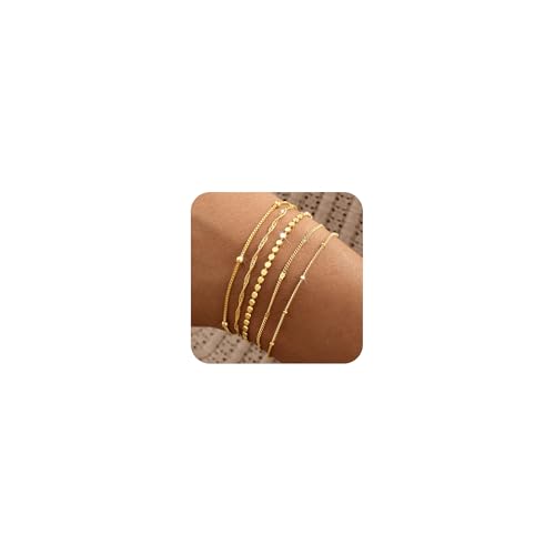 Striviio Gold Bracelets for Women, 14K Gold Plated Stackable Bracelet Stack Set Adjustable Charm Paperclip Chain Snake Link Layered Waterproof Jewelry Sets Gifts