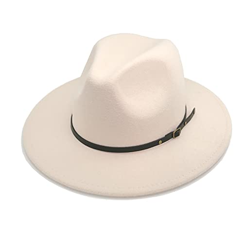 HUDANHUWEI Women s Classic Wide Brim Fedora Hat with Belt Buckle Felt Panama Hat Style Beige