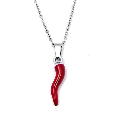 Generico Collana Cornetto Portafortuna Donna in Acciaio | Collana con Ciondolo Corno Rosso | Simbolo Porta Buona Fortuna | Color Argento