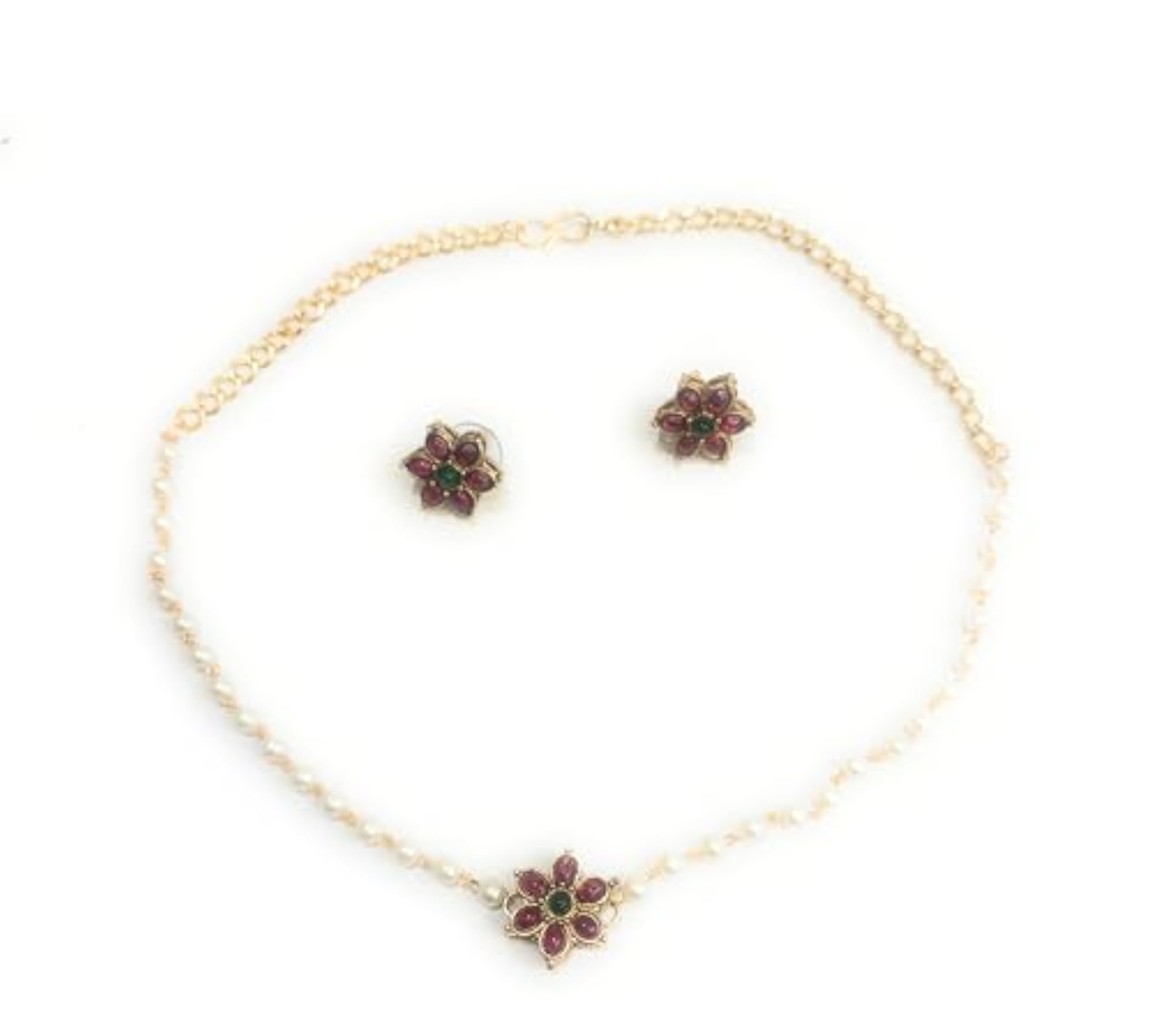 Women's Ruby Choker Pendant Necklace Set with Beaded Antique Design