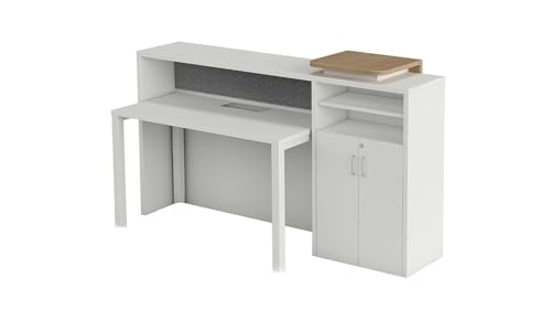 Image of TEKAVO Frontline Reception Table for Office, Shop, Clinic, Showroom | Front Desk for Office | White & Brown Wood | 180 x 40 x 114 CM | DIY