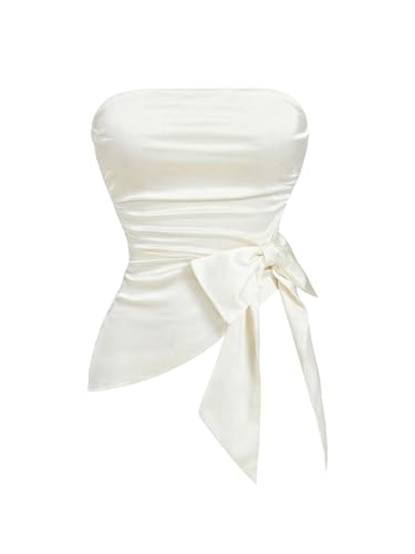 SOLY HUX Women's Satin Strapless Tube Tops Sexy Bowknot Off Shoulder Shirt Cocktail Party Bandeau Top