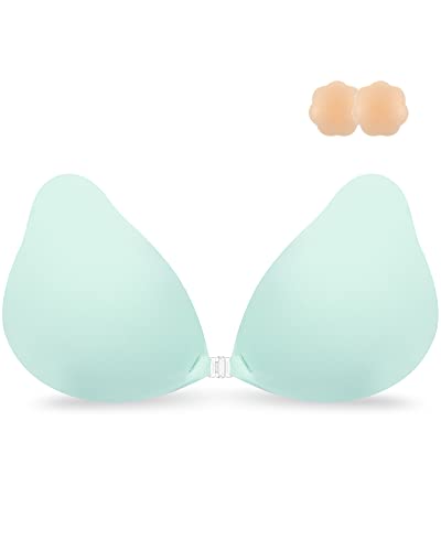 Niidor Adhesive Sticky Bra Pear-Shape Cup Strapless Invisible Reusable Bra With Nipple Covers For Women, Harbour Green,A #TOP16