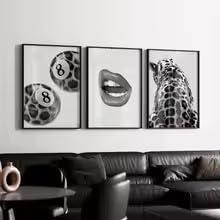 DIHANSM Schwarz-weißes Leopardenlippen-Bild Nr. 8 Ball Leopard Print Room Canvas Picture (50x70cmx3/Unframed)