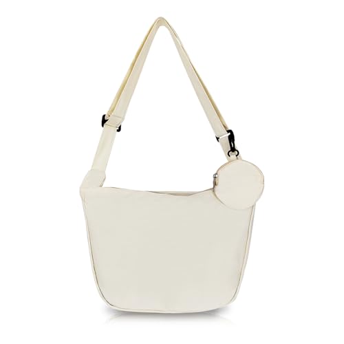 AfitLulu Crescent Bag, Casual Canvas Shoulder Bag with Adjustable Shoulder Strap and Cute Pendant, Dumpling Bag Purse (white)