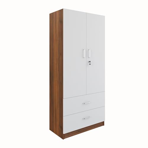 Image of VIKI Wardrobe | Tulum Wardrobe | Wooden Almirah for 2 Door Wardrobe with 2 Drawer & Hanging Space (Brussel Walnut | Frosty White - 40D x 80W x 180.8H) | 1 Year Warranty | Free Assembly