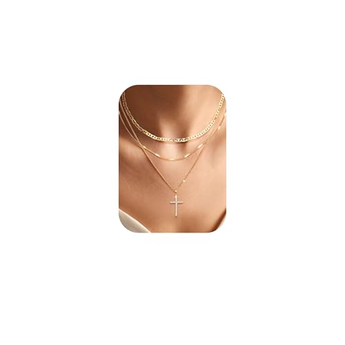 ADRAMATA 3Pcs 14K Gold Plated Layered Necklaces for Women Stackable Choker Necklace Dainty Zirconia Cross Pendant Necklace Adjustable Mariner Cuban Chain Necklaces Set Jewellery Gift for Women