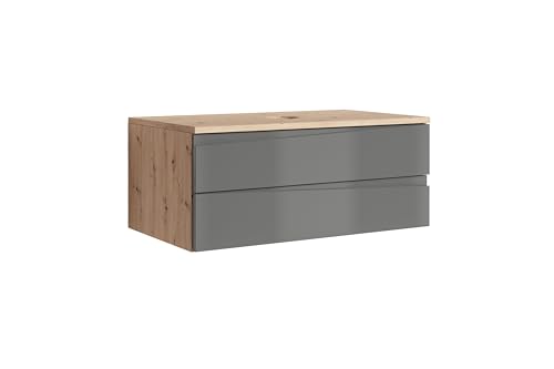 byLIVING Waschtisch Shape/Moderne Bad Kommode/Front Hochglanz Anthrazit / 2 Schubladen mit gefräster Griffleiste/Korpus Melamin Eiche-Optik/Schrank/B 80, H 33, T 47 cm