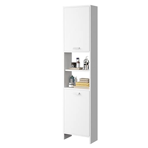 Organize Meuble Colonne de Salle de Bain avec 4 Compartiments de Rangement, Petite Armoire au Style Contemporain pour Salle d’Eau, Cuisine, L 39,50 cm x P 19,30 cm x H 170 cm, Blanc