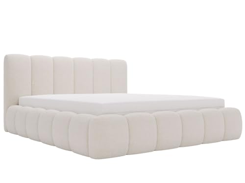 GRAINGOLD Cloud Bett 140x200, Polsterbett mit Bettkasten, Polsterbett mit Stauraum, Bouclé-Stoff, mit Lattenrost, mit Kopfteil, ohne Matratze (Beige, 140x200)