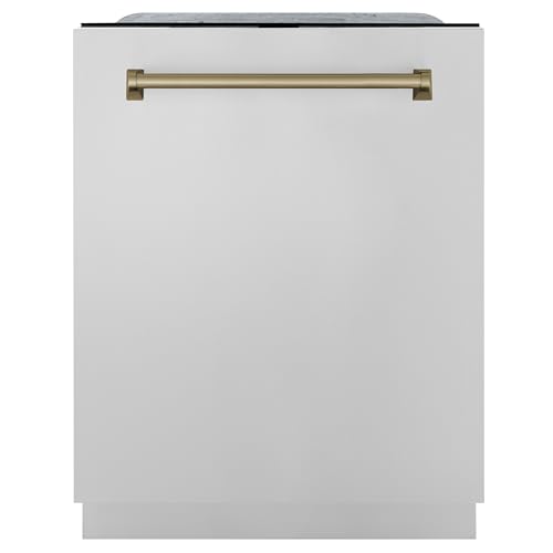 ZLINE Autograph Edition 24" 3rd Rack Top Touch Control Tall Tub Dishwasher in Stainless Steel with Champagne Bronze Handle, 51dBa (DWMTZ-304-24-CB)
