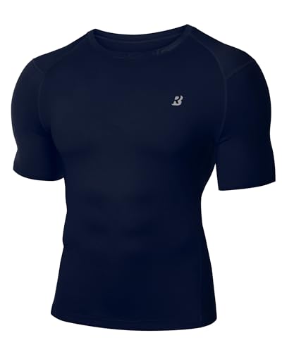 Roadbox Men's Compression Shirt Short Sleeve, Cool Dry Athletic Football Base Layer Undershirt, Sports Running Workout Tops Navy Blue