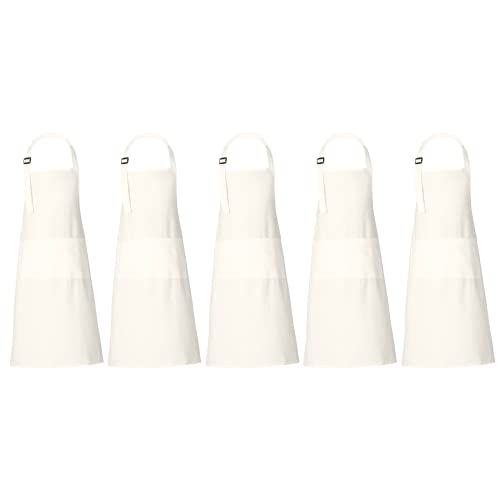 RAJRANG Cotton Apron with 3 Pockets Adjustable Neck Straps Marshmallow White Aprons for Women Men Comfortable Cooking Chef Apron Set of 5