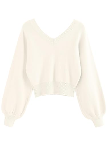 Image of ZAFUL Women's Cropped Sweater V-Neck Long Sleeve Pullover Jumper Knit Top | Crop Length, Ribbed Knit, Double V design, White sweater, Raglan sleeves, lantern sleeve, Fall & Winter, Loose fit, Oversized