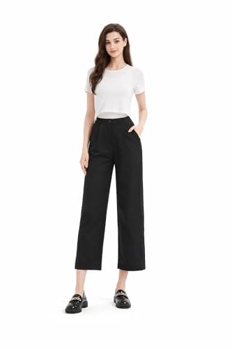 GLOWELFA Damen Stoffhose Sommer Leicht Hohe Taille Elegante Culotte 7/8 Weite Hose mit Taschen (G82876 M Schwarz)
