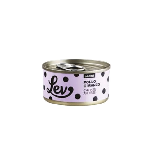 Lev - Peleles húmedos para gatos adultos, pollo y ternera, alimento complementario para gatos adultos de todos los tamaños y razas, sabor pollo y carne de res | 12 latas de 70 gramos cada una.