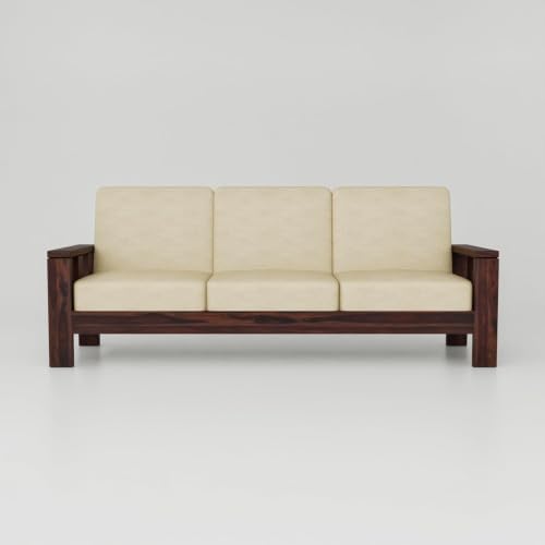 Image of Sheesham Wooden 3 Seater Sofa for Living Room | Rosewood 3 Seater Cushion Sofa for Home & Office | Solid Wood Sofa Set for Lounge (Walnut, 3 Seater)