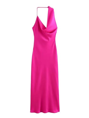 Vestido asimétrico de satén de seda con cuello de tirante para mujer, para banquetes, vestidos adelgazantes y fluidos, Rosa Rojo, S