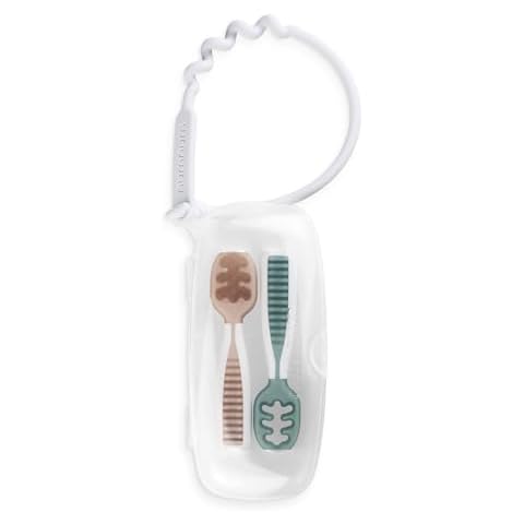 NumNum Baby Spoons Set, Silicone Pre-Spoon GOOtensils for Kids Aged 6+ Months - First Stage, Baby Led Weaning (BLW), Teething Spoon - Travel Case + 2 Spoons, Beige/Glacier Green Cover