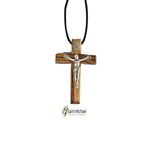 Bethlehem Made Wooden Cross (Olive Wood) Budded Cross Pendant on Black Cord Necklace in Nat - 24" Adjustable Wood Cross Necklace for Men & Women2
