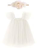 Baby Girl Half Birthday Outfit 1/2 Halfway to One Short Sleeve Tulle Dress with Flower Headband, White, 9 Months=Tag 80