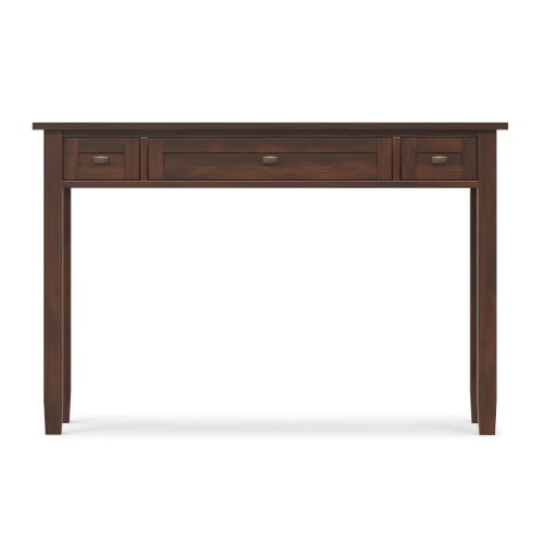 Image of SIMPLIHOME Warm Shaker 48 inch Wide Solid Wood Writing Desk in Distressed Grey | Transitional desk with a keyboard tray and 2 drawers; writing desk, computer desk or home office desk for living room.