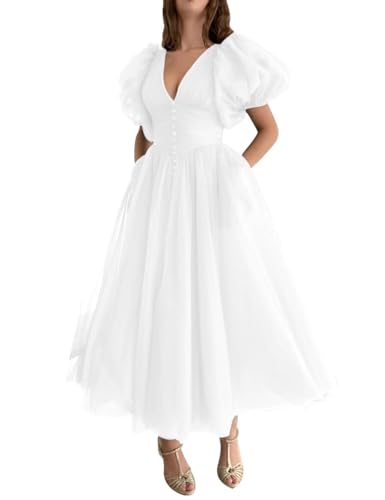 Xijun Puffy Sleeve Prom Dresses for Women Dotted Tulle V Neck Formal Evening Party Gowns Tea Length