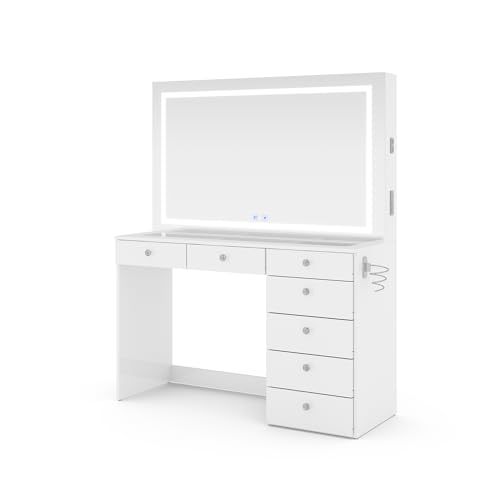 Boahaus White Makeup Vanity Desk with LED Lighted Mirror, Bluetooth Speakers, Glass Top, USB Charging Station, Jewelry Divider, Crystal Knobs & Hair Dryer Holder