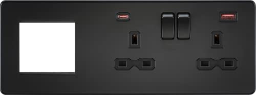Screwless 13A 2G DP Socket with USB Fastcharge + 2G Modular Combination Plate - Matt Black