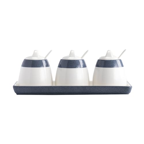YMYL Set of 3 Ceramic Condiment Jars with Lids Spoons and Tray, 10 Oz Modern Seasoning Container Sugar Bowl Spice Jars for Home Kitchen Coffee Bar (Set 1)