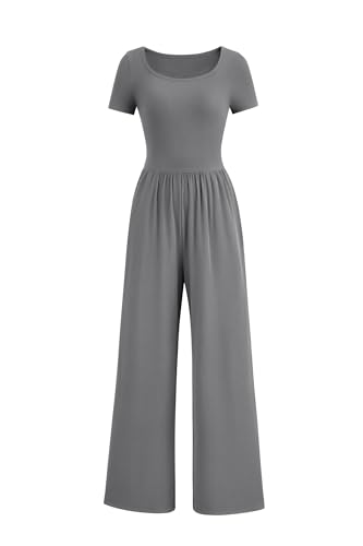 PRETTYGARDEN Women's Summer One Piece Jumpsuits Dressy Casual Short Sleeve Square Neck Wide Leg Jumpsuit Rompers