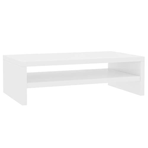 vidaXL Support de moniteur avec étagère de rangement pour stylos en aggloméré - Meuble TV pour écran de bureau - Blanc brillant