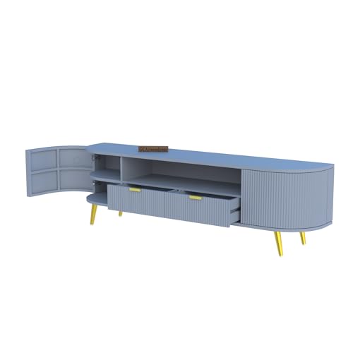 Image of 60L x 16W x 22H Inches Solid Wood TV Unit for Living Room | Modern TV Stand for 55-65 Inch TV | Free Standing Entertainment Cabinet with 2 Drawers (Navy Blue)