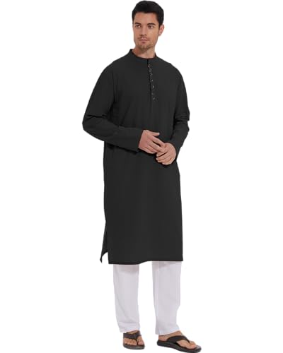 YAOHUOLE Men's Long Sleeve Muslim Thobe Robe Button Up Kaftan With Side Split and Pockets2