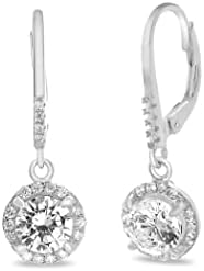 MIA SARINE Women's Earrings – 925Sterling Silver Rhodium Cubic Zirconia Plated Brilliant Cut Simulated Gemstone Halo Leverback Drop Dangle Bridal Earrings, Rhodium Plated/Cubic Zirconia