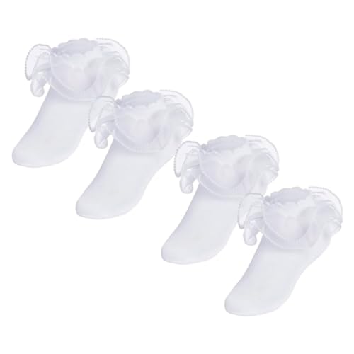 4 Pack Girls Frilly Ruffle Socks Cute Synthetic Pearls Lace Socks for Toddler Little Girls Dress and Daily