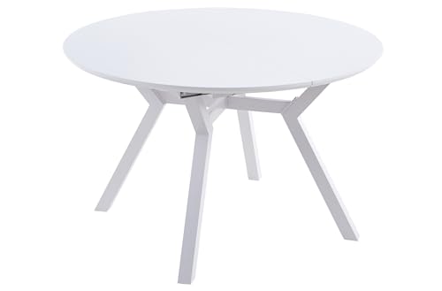 NORYKHOME Mesa Comedor Redonda Extensible EBRO, Salón, Cocina, Estilo Indutrial, Blanco y Patas metálicas Blanco, Extensible de 120cm a 160cm
